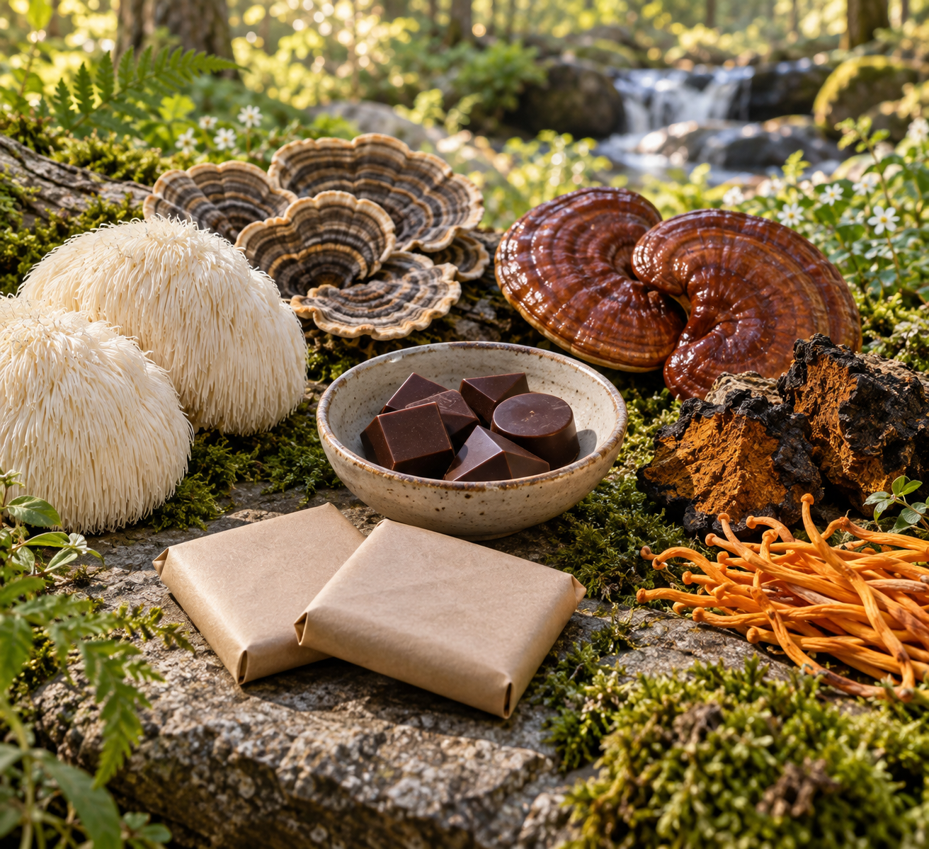 Functional mushroom chocolates beside lion's mane, turkey tail, reishi, chaga, and cordyceps